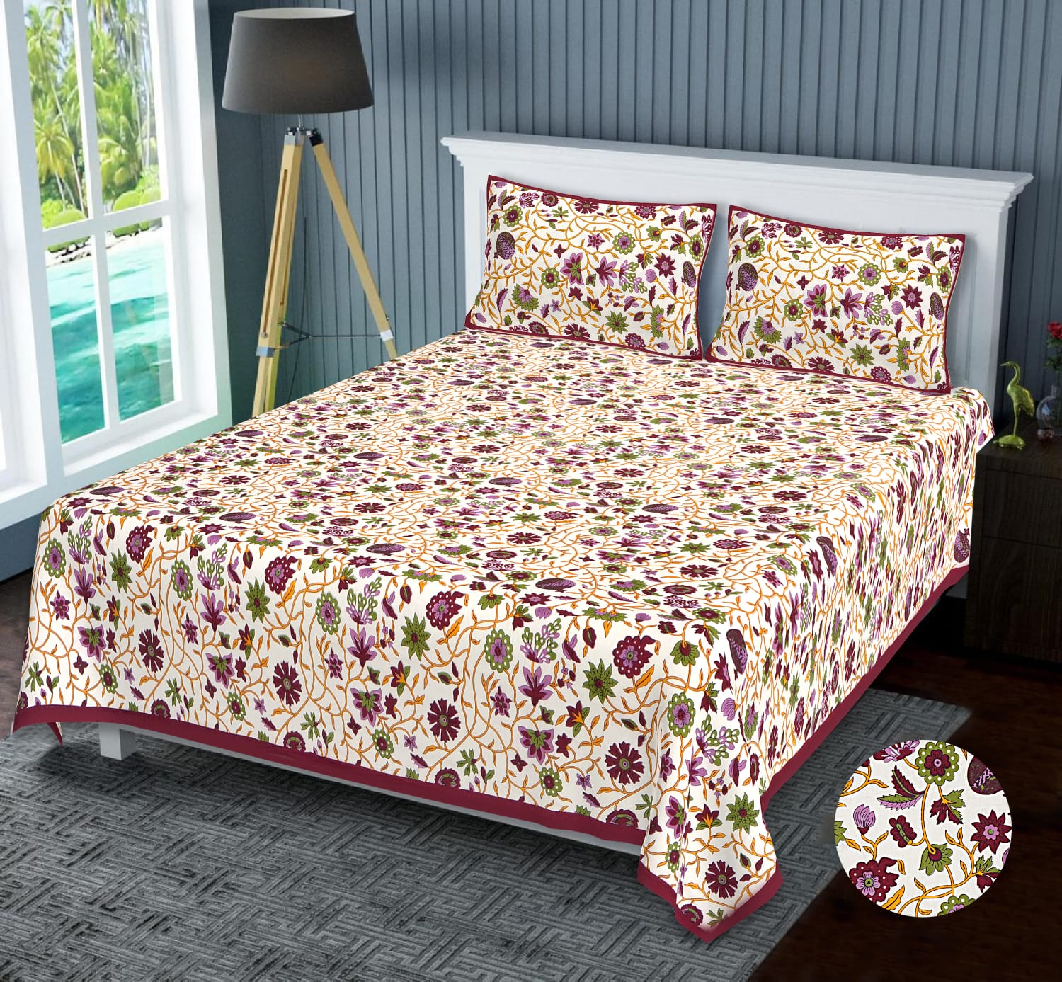 Niruva Maroon and Green Jaipuri Floral Creeper Cotton Double Bedsheet With 2 Pillow Covers